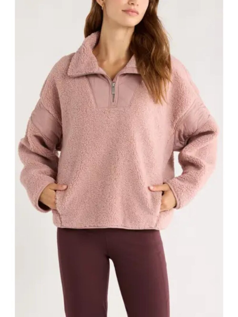 ZELLA Snowday Faux Shearling Quarter Zip Pullover in Pink Fawn Size Large